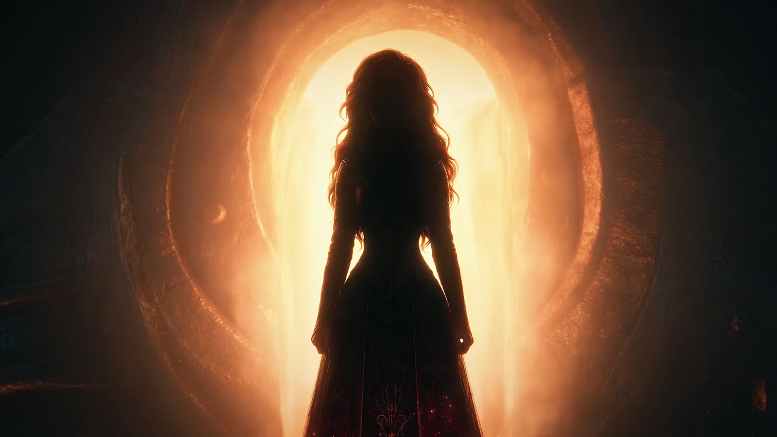 Seraphina's silhouette, gown train trailing, framed in the glowing arch of the forge door
