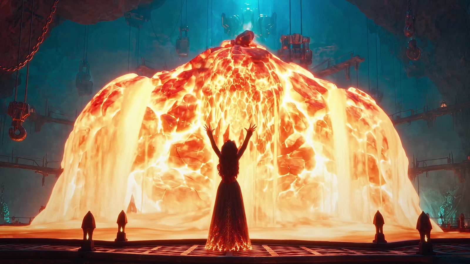 The sorceress Seraphina raises her arms before a towering dome of molten fire in the Ember Forge