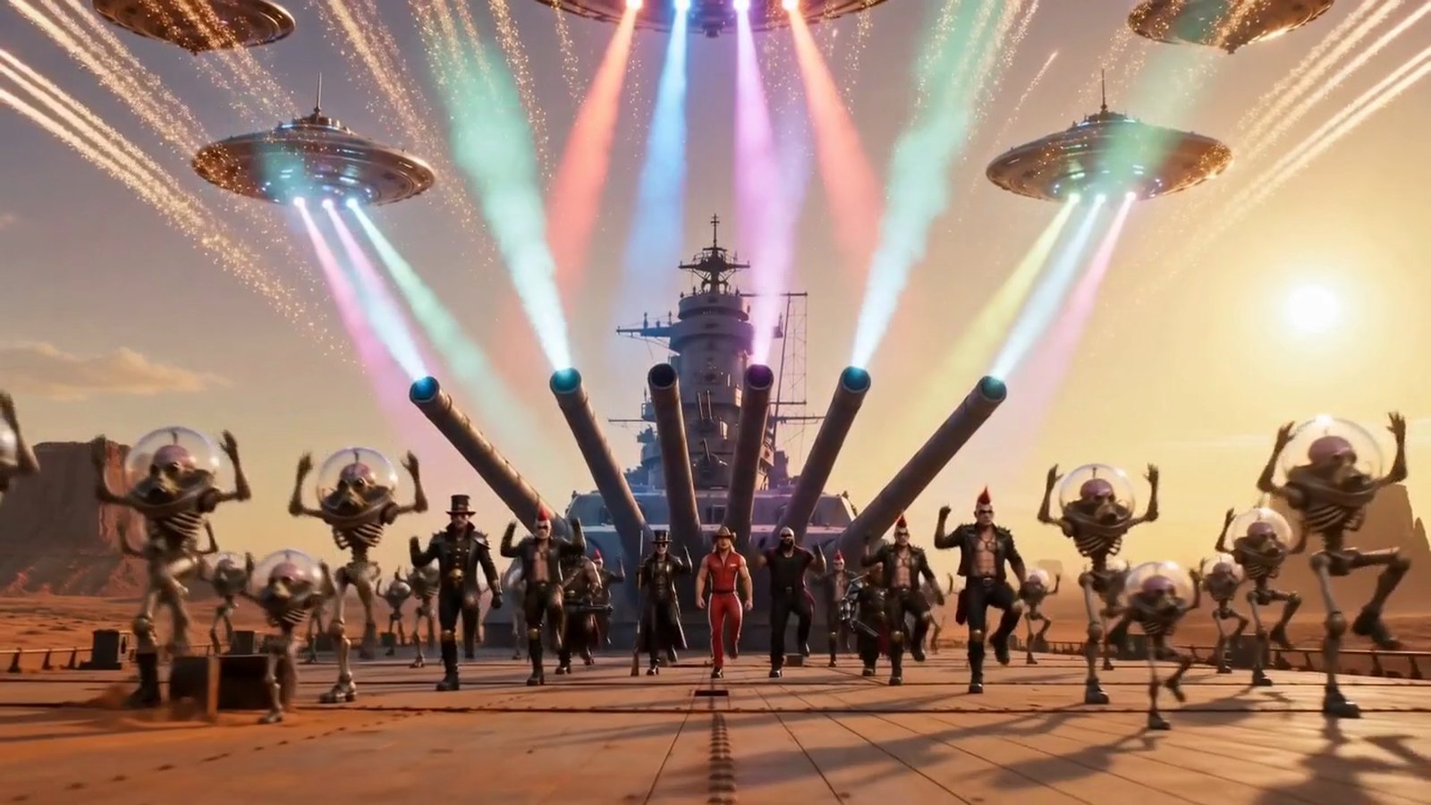 Heroes, villains and a chorus of aliens mid-number on a battleship buried in the desert, saucers lighting the deck